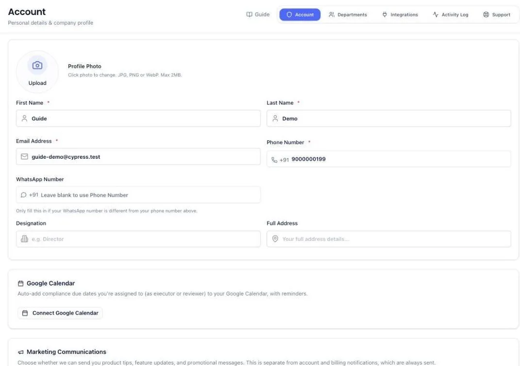 The Account settings screen showing profile photo, name, email, phone and a separate WhatsApp number field, with Google Calendar and Marketing Communications sections below. Tabs read Account, Departments, Integrations, Activity Log and Support.