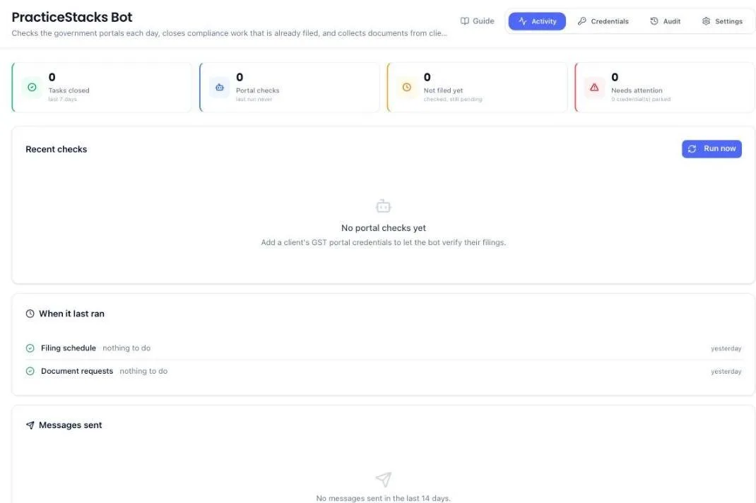 The PracticeStacks Bot screen on the Activity tab, with counters for Tasks closed, Portal checks, Not filed yet and Needs attention. Below are Recent checks with a Run now button, a When it last ran panel listing the filing schedule and document requests, and a Messages sent panel. Tabs read Activity, Credentials, Audit and Settings.