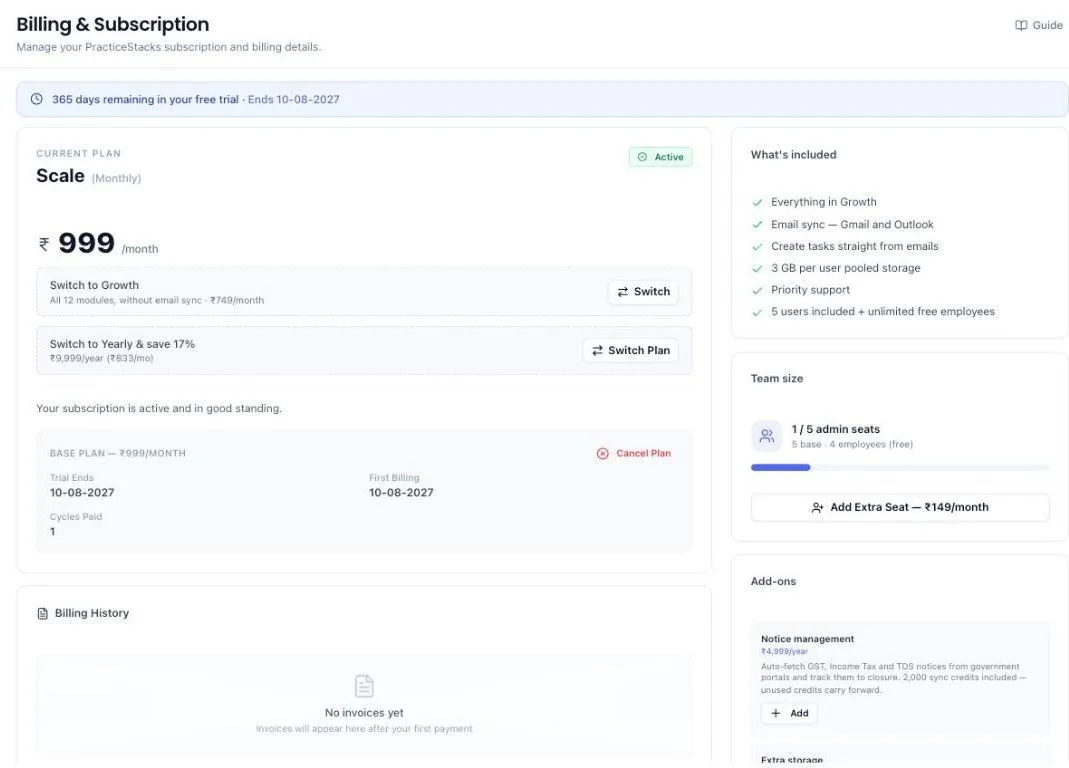The Billing and Subscription screen showing the current plan, options to switch plan or move to yearly billing, a Team size panel reading one of five admin seats used with employees free, and an Add-ons panel offering Notice management and extra storage.