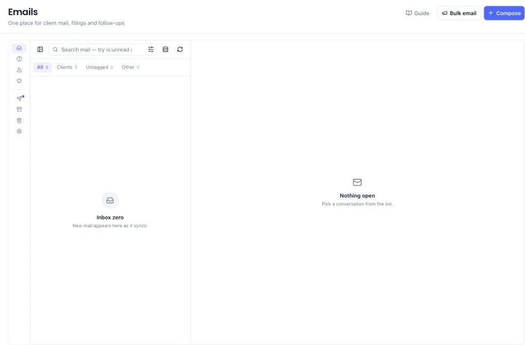 The Emails screen with filters All, Clients, Untagged and Other above the message list, and Bulk email and Compose buttons at the top right. The list reads Inbox zero because no mail has synced yet.