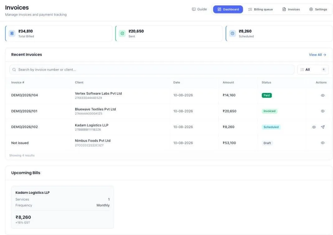 The Invoices dashboard showing Total Billed, Sent and Scheduled amounts, and a Recent Invoices table where each row carries a status of Paid, Invoiced, Scheduled or Draft. A draft invoice shows Not issued in place of a number. Tabs read Dashboard, Billing queue, Invoices and Settings.