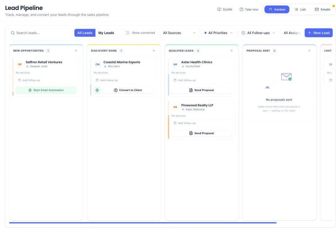 The Lead Pipeline board in Kanban view, with columns New opportunities, Discovery done, Qualified leads, Proposal sent and Lost leads. Each card shows the company and contact, with Convert to Client and Send Proposal buttons. The New Lead button sits at the top right.