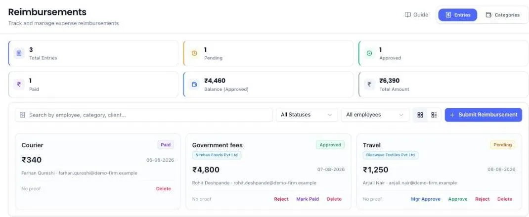 The Reimbursements screen with counters for Total Entries, Pending, Approved, Paid, Balance (Approved) and Total Amount. Three claim cards show their status and the actions available on each: a pending claim offers Mgr Approve, Approve, Reject and Delete, while an approved one offers Mark Paid.