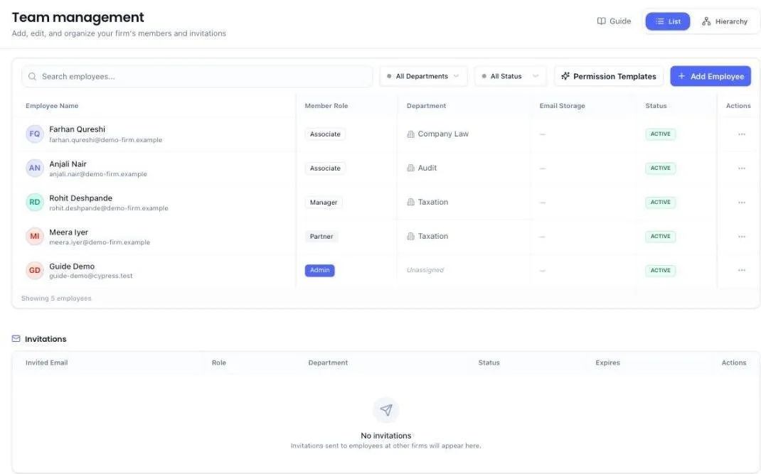 The Team management list showing five members with their Member Role — Associate, Manager, Partner and Admin — their department and status. Permission Templates and Add Employee sit at the top right, with an Invitations section below.